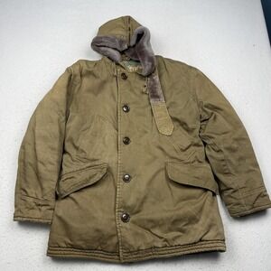 Vintage Parka Coat Mens L Green Canvas Fur Lined Hooded Military B-9 Jacket